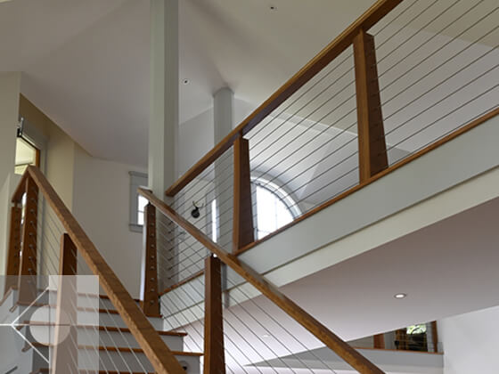 Wood and metal staircase.