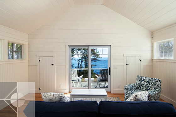 New Harbor studio home living room with ocean view.