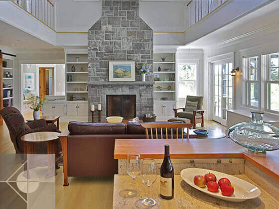 Wet bar in great room with fireplace.