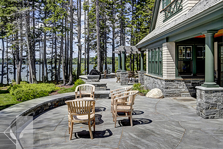 Landscape design featuring the conversation area and dining area with pergola.