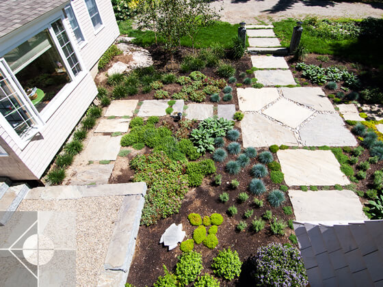 Exterior landscape design for Pemaquid, Maine house by Phelps Architects.