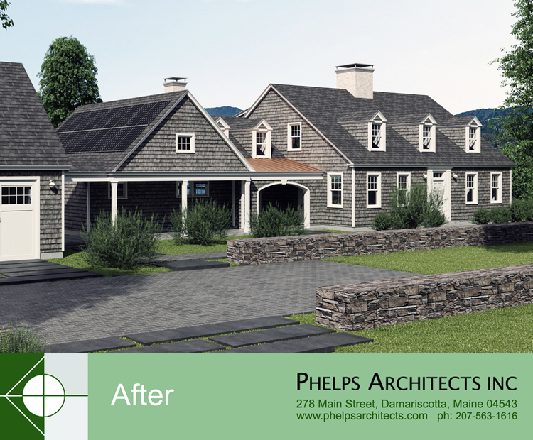 Front view of the Damariscotta River Residence renovation by Phelps Architects.