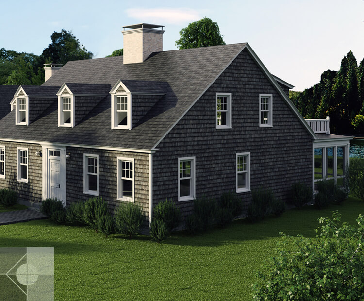 Side view with screen porch and river view of Damariscotta River Residence renovation by Phelps Architects.