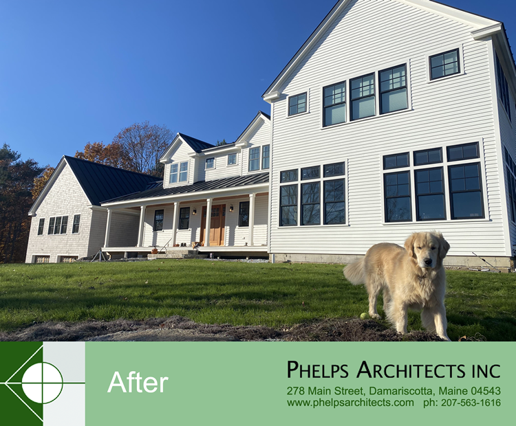 Back yard view of Rockport, Maine renovation by Phelps Architects.