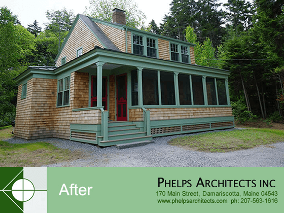 Renovated home with screened in front porcch in South Brisol, Maine by Phelps Architects.