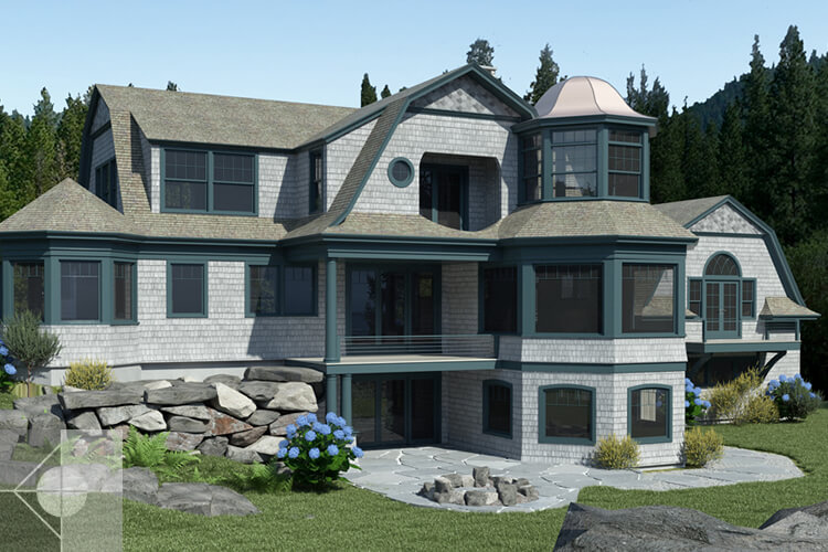 Model of three-story house and garage.