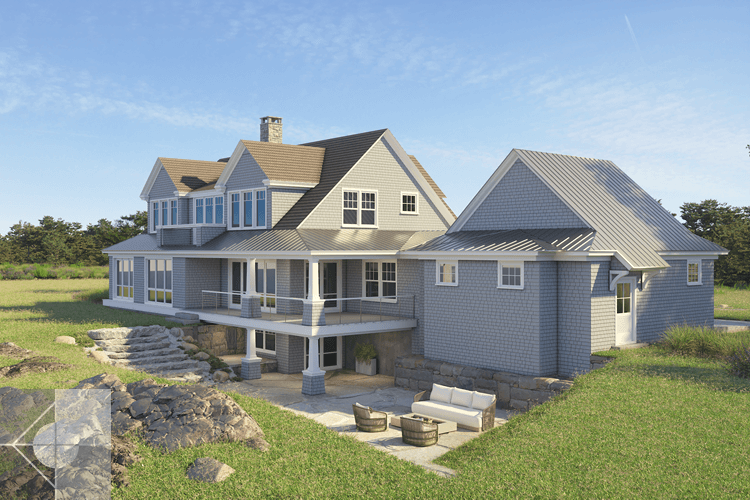 Shingle style home in New Harbor, Maine featuring patio and wrap porch.