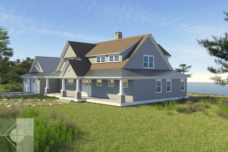 Front of New Harbor, Maine home with water views designed by Phelps Architects.