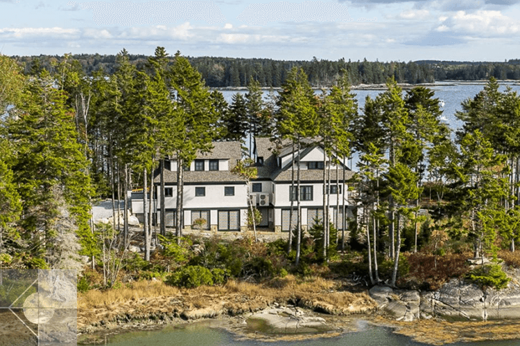 Drone image of a St. George, Maine sumer residence designed by Phelps Architects.